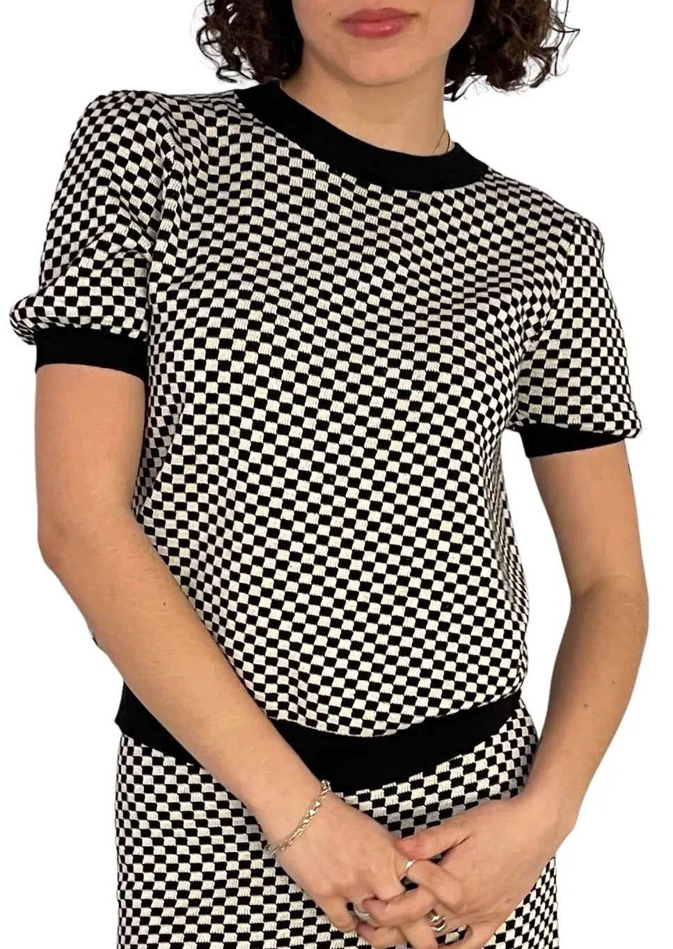 Sid Puff Sleeve Sweater in Caviar/Shell Check Inn