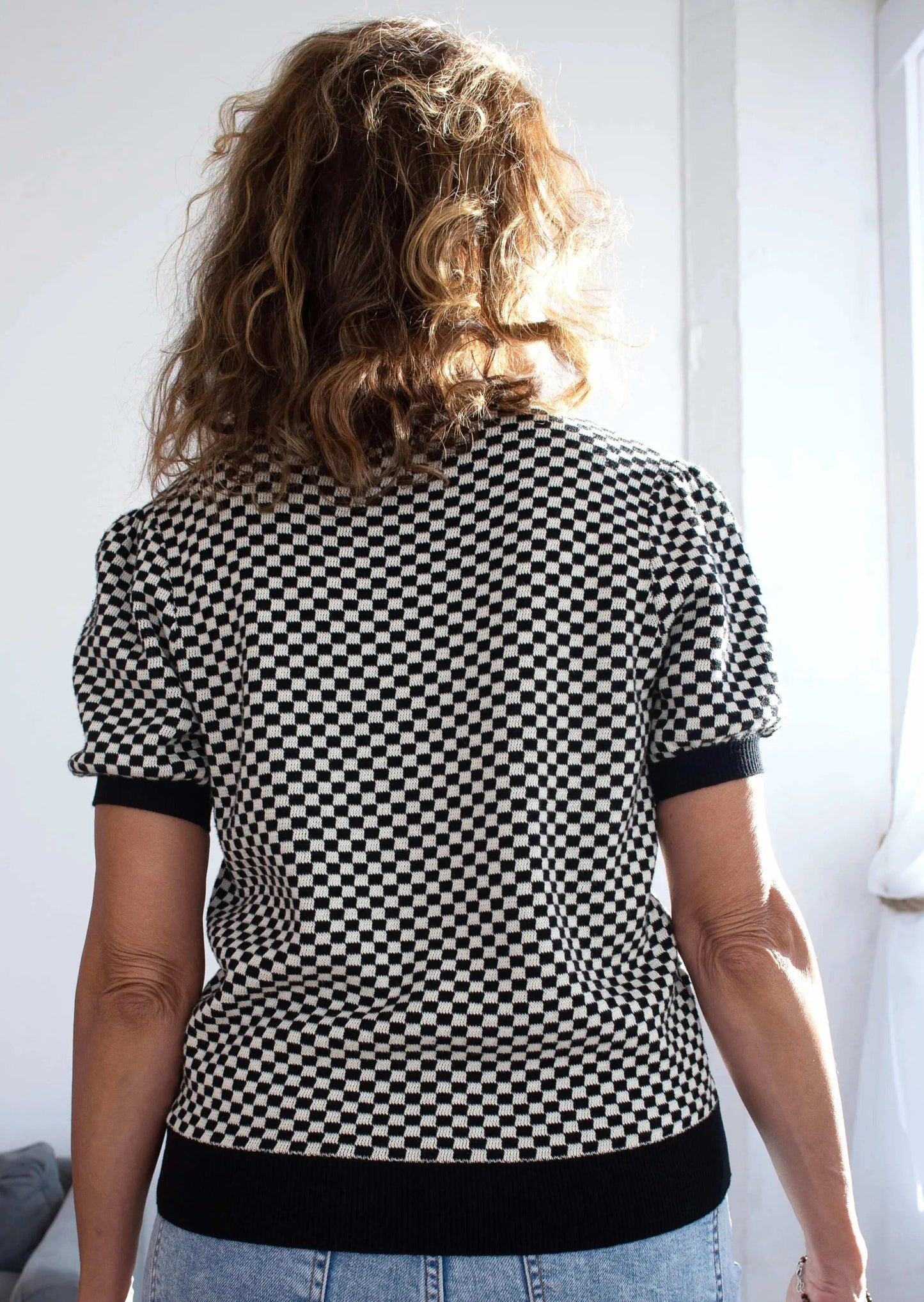 Sid Puff Sleeve Sweater in Caviar/Shell Check Inn