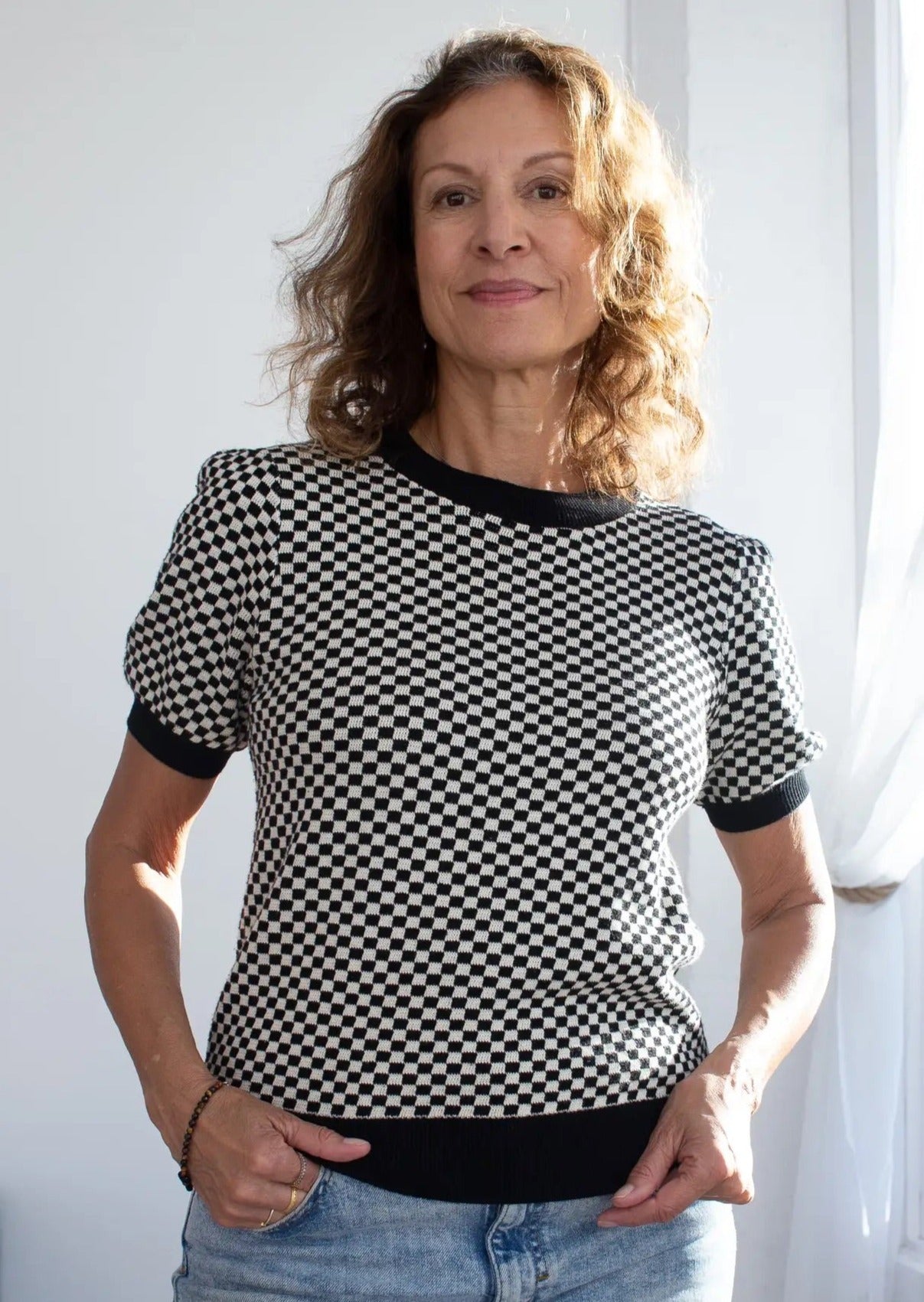 Sid Puff Sleeve Sweater in Caviar/Shell Check Inn
