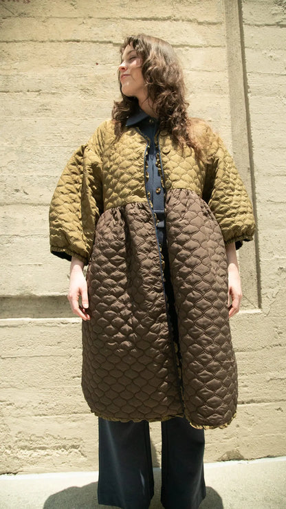 Corkill Quilted Ruffle Reversible Nylon Coat — Army / Navy (Pre-Order)