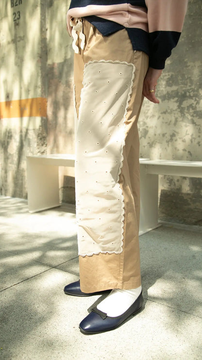 Kiki Vintage Inspired Double Knee Pant - Heritage Lace Panel (Pre-Order) | Feminine French Terry Casual Pants